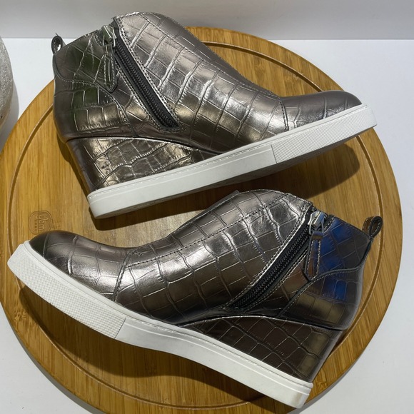 Linea Paolo Bronze Croc Embossed Leather Wedge Sneaker Sz 6.5 Sporty Chic Bootie - Picture 7 of 9
